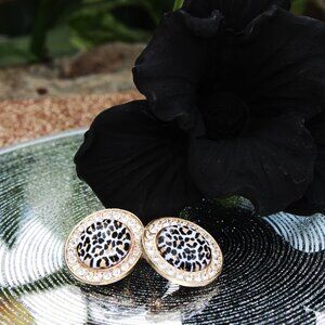 Gold Tone Earrings with Enamel Leopard Print and Clear Rhinestones